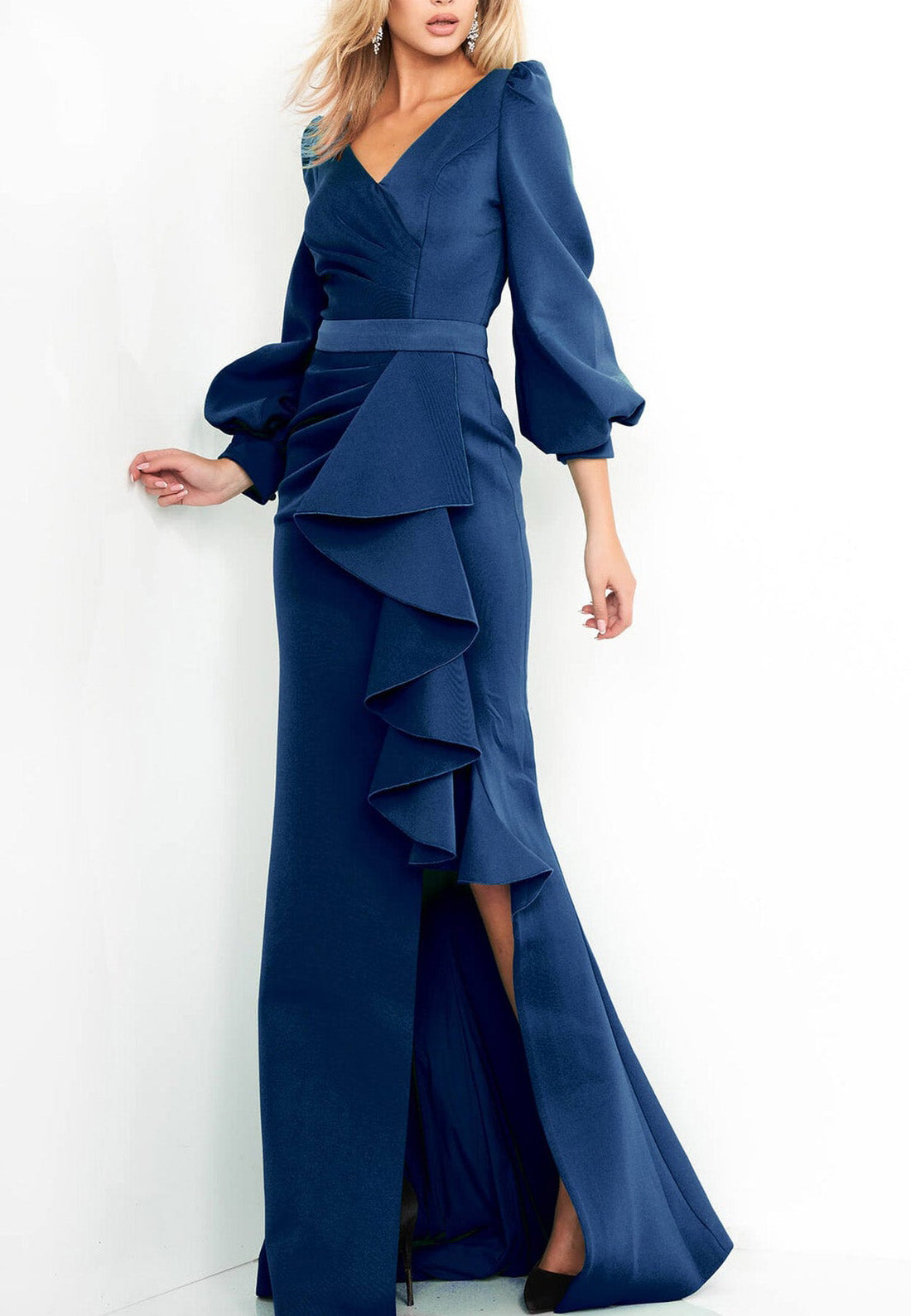 V-Neck Long Sleeves Pleated Ruffled Sheath Mother of Bride Dress