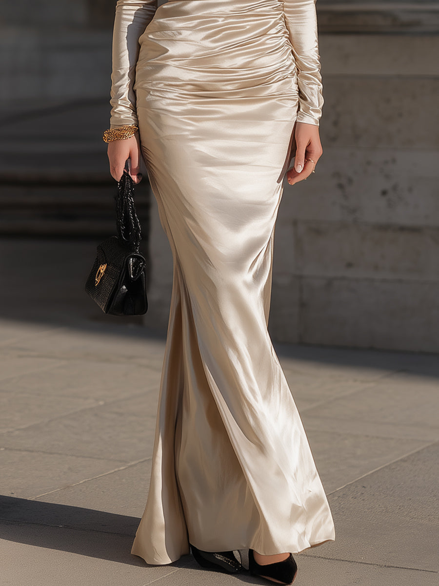 Chic Satin One-Shoulder Dress In Light Beige