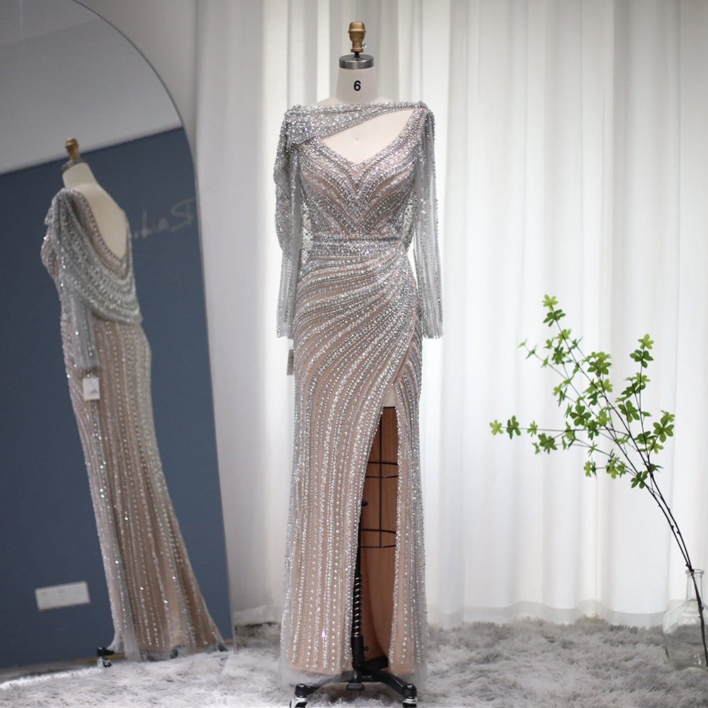 Luxury Beaded Silver Mermaid Evening Dress with Cape