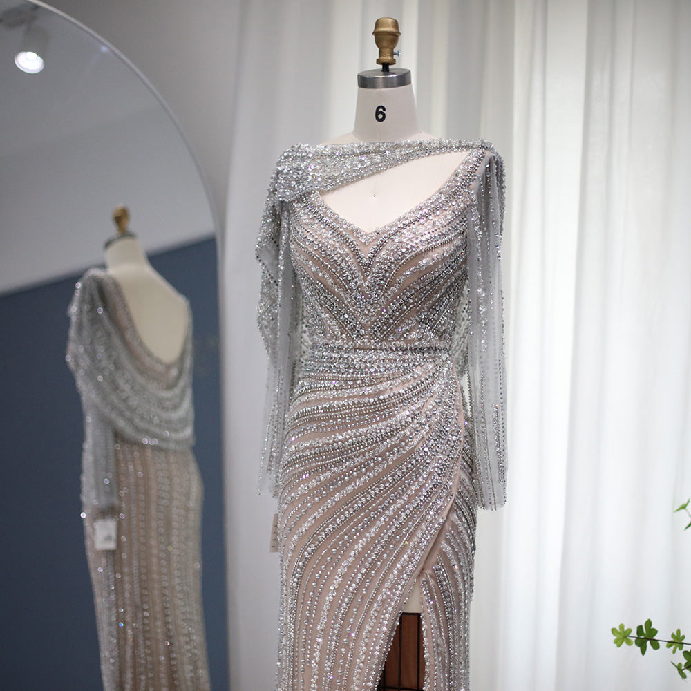 Luxury Beaded Silver Mermaid Evening Dress with Cape