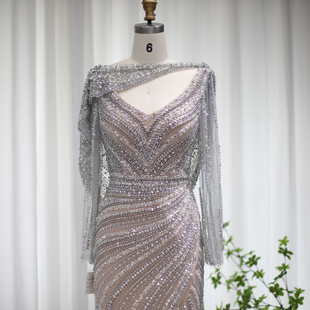 Luxury Beaded Silver Mermaid Evening Dress with Cape