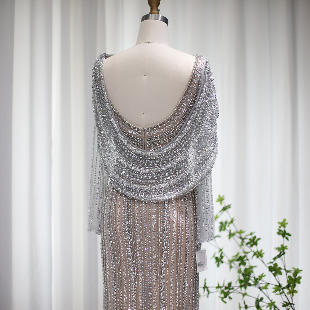 Luxury Beaded Silver Mermaid Evening Dress with Cape