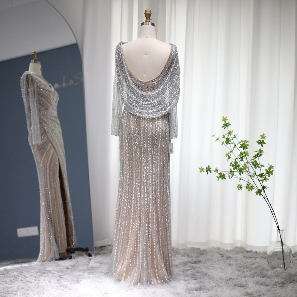 Luxury Beaded Silver Mermaid Evening Dress with Cape