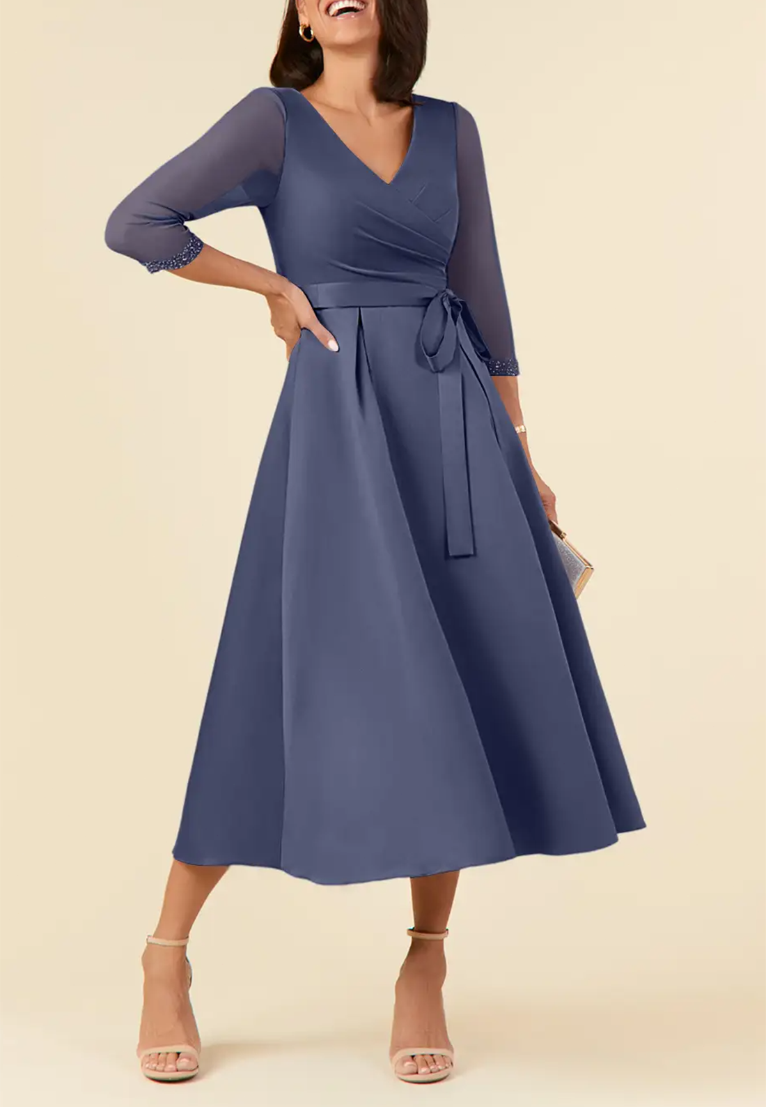 V-Neck Half Sleeves Pleated A-Line Mother of Bride Dress