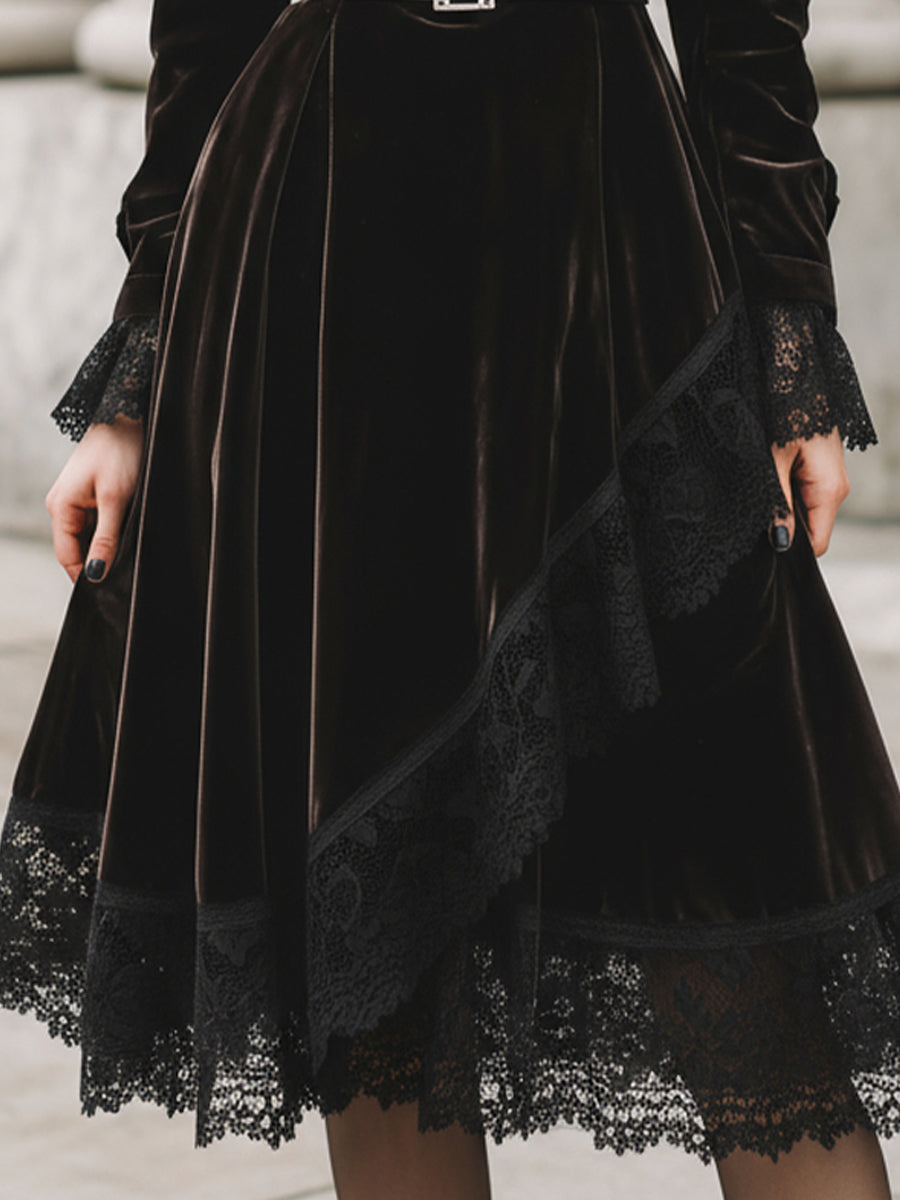 Black Velvet Lace-Trim Dress With Belt