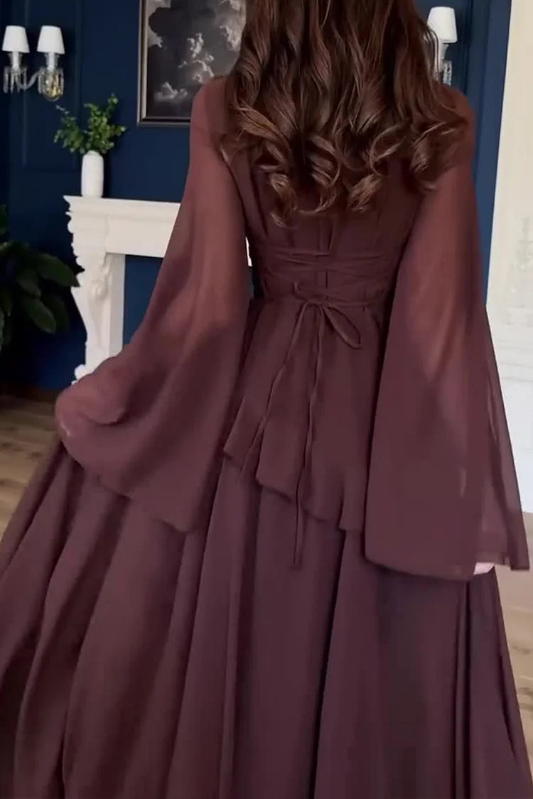 Round Neck Long Sleeve Ruffle Trim Lace Up Solid Color Maxi Dresses