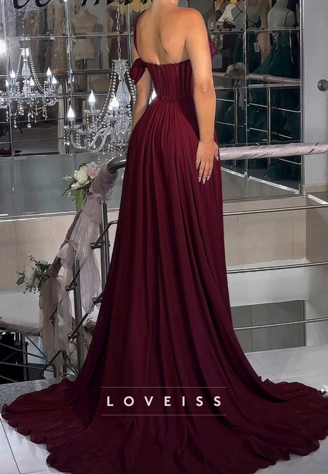 One Shoulder Sleeveless Side Slit Pleated A-Line Prom Dress