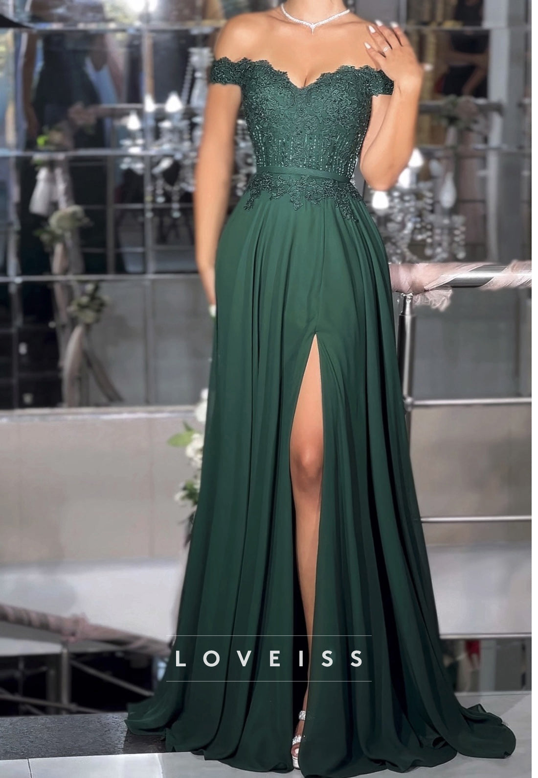 Off-Shoulder Strapless Appliques Side Slit Pleated A-Line Prom Dress
