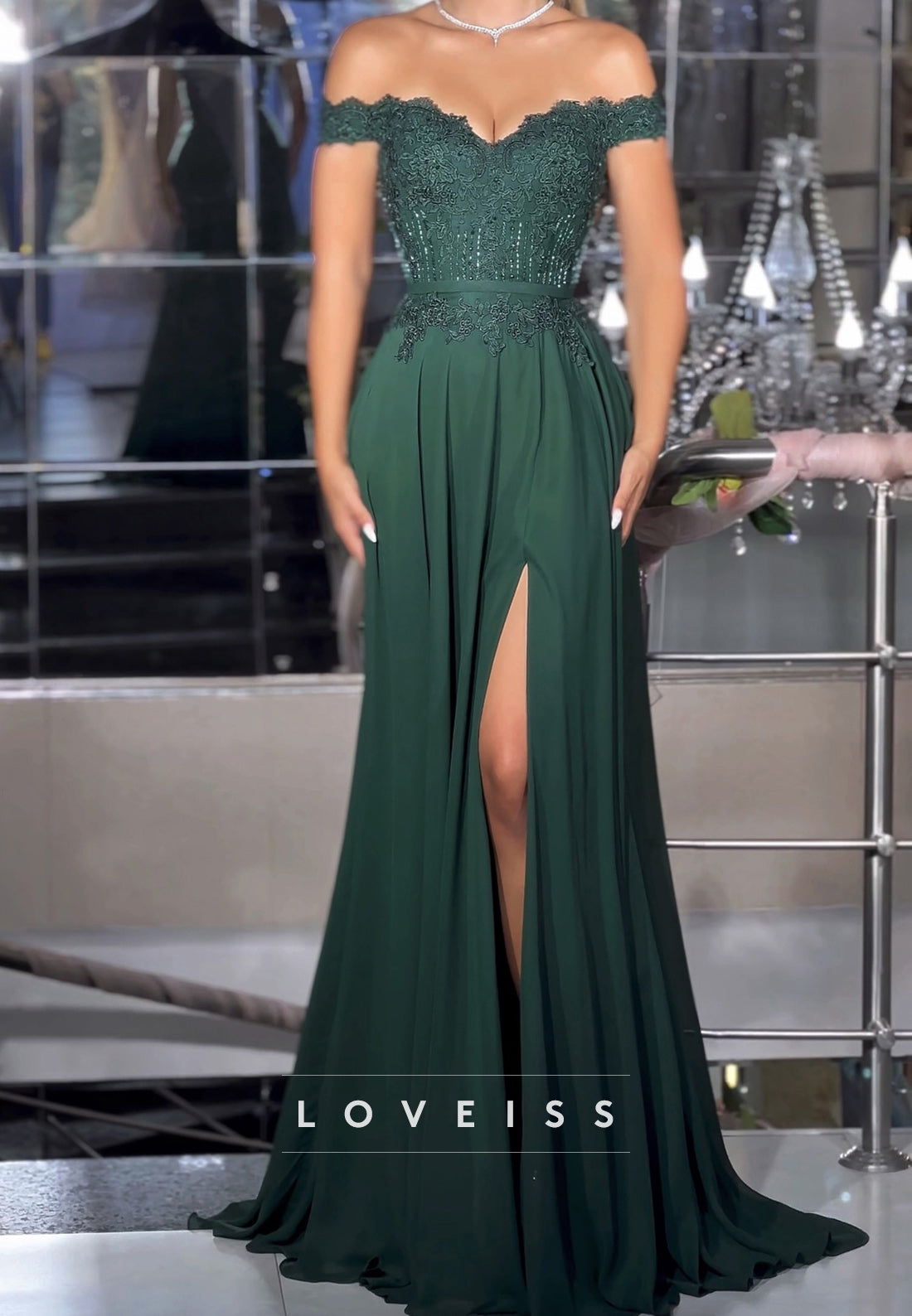 Off-Shoulder Strapless Appliques Side Slit Pleated A-Line Prom Dress