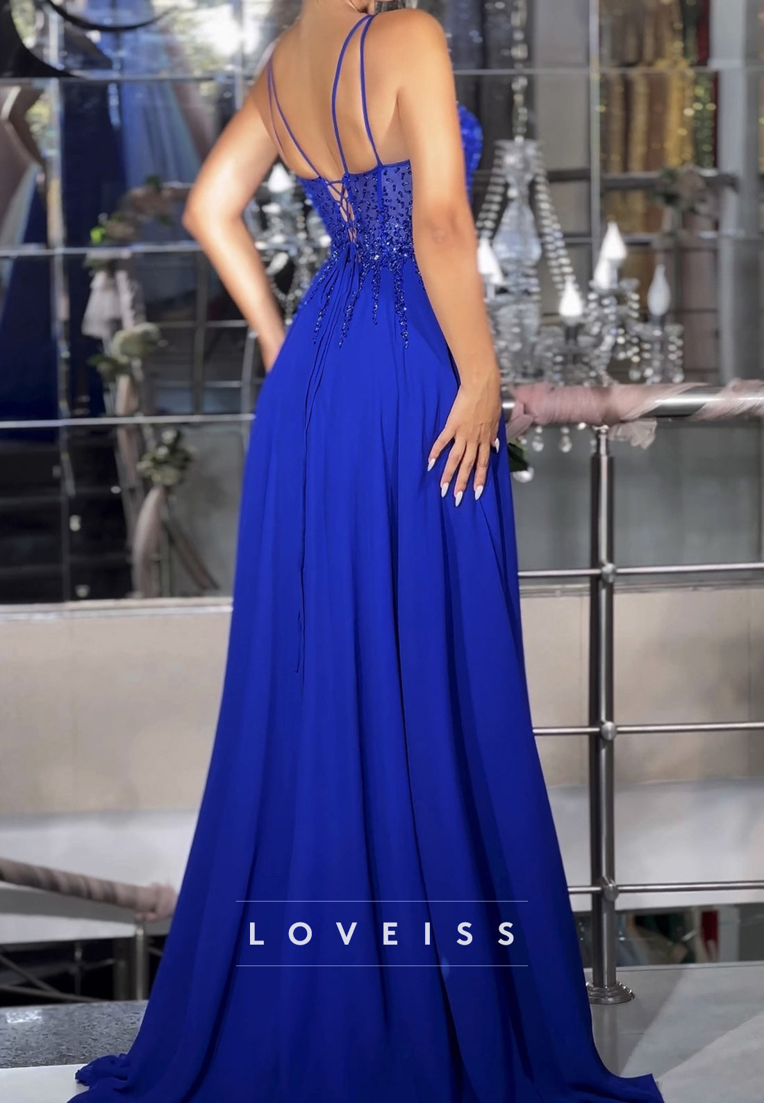 V-Neck Spaghetti Straps Appliques Sequins A-Line Prom Dress