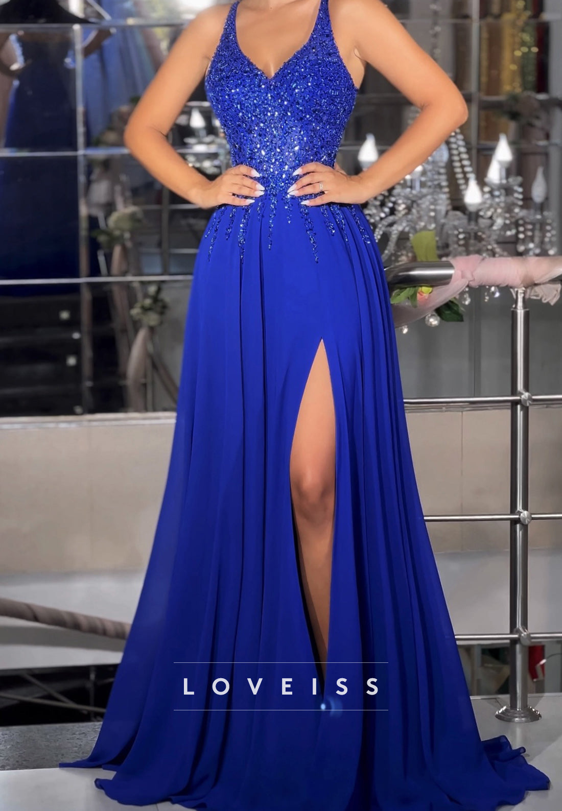 V-Neck Spaghetti Straps Appliques Sequins A-Line Prom Dress