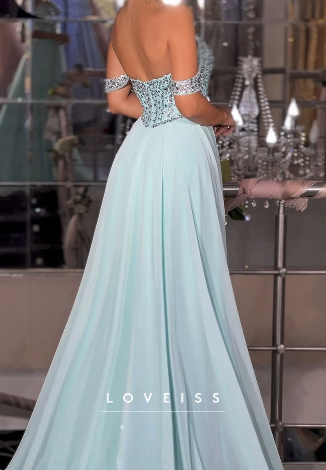 Off-Shoulder Sleeveless Beaded Side Slit A-Line Prom Dress