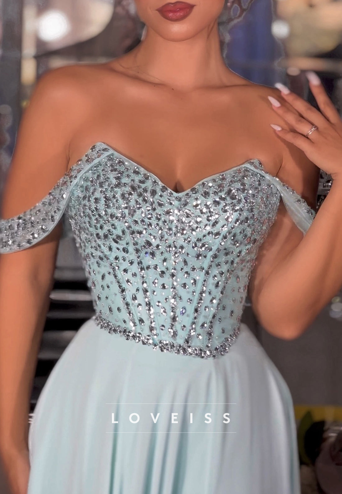Off-Shoulder Sleeveless Beaded Side Slit A-Line Prom Dress