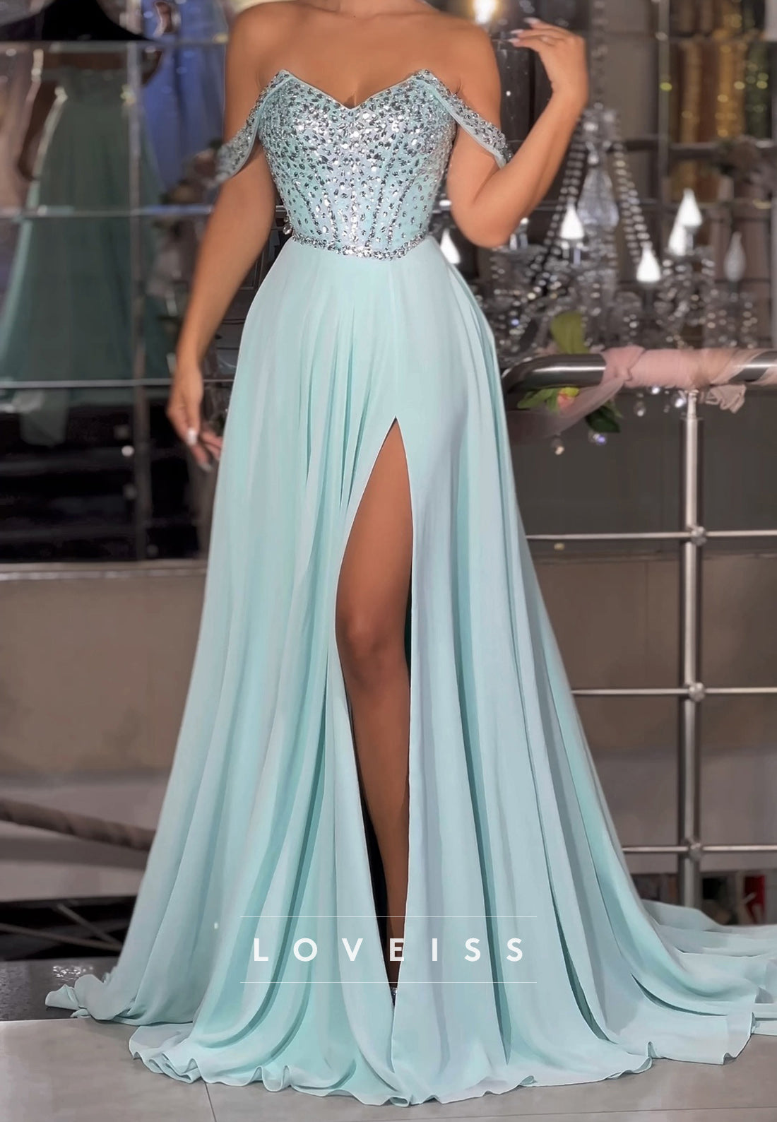 Off-Shoulder Sleeveless Beaded Side Slit A-Line Prom Dress