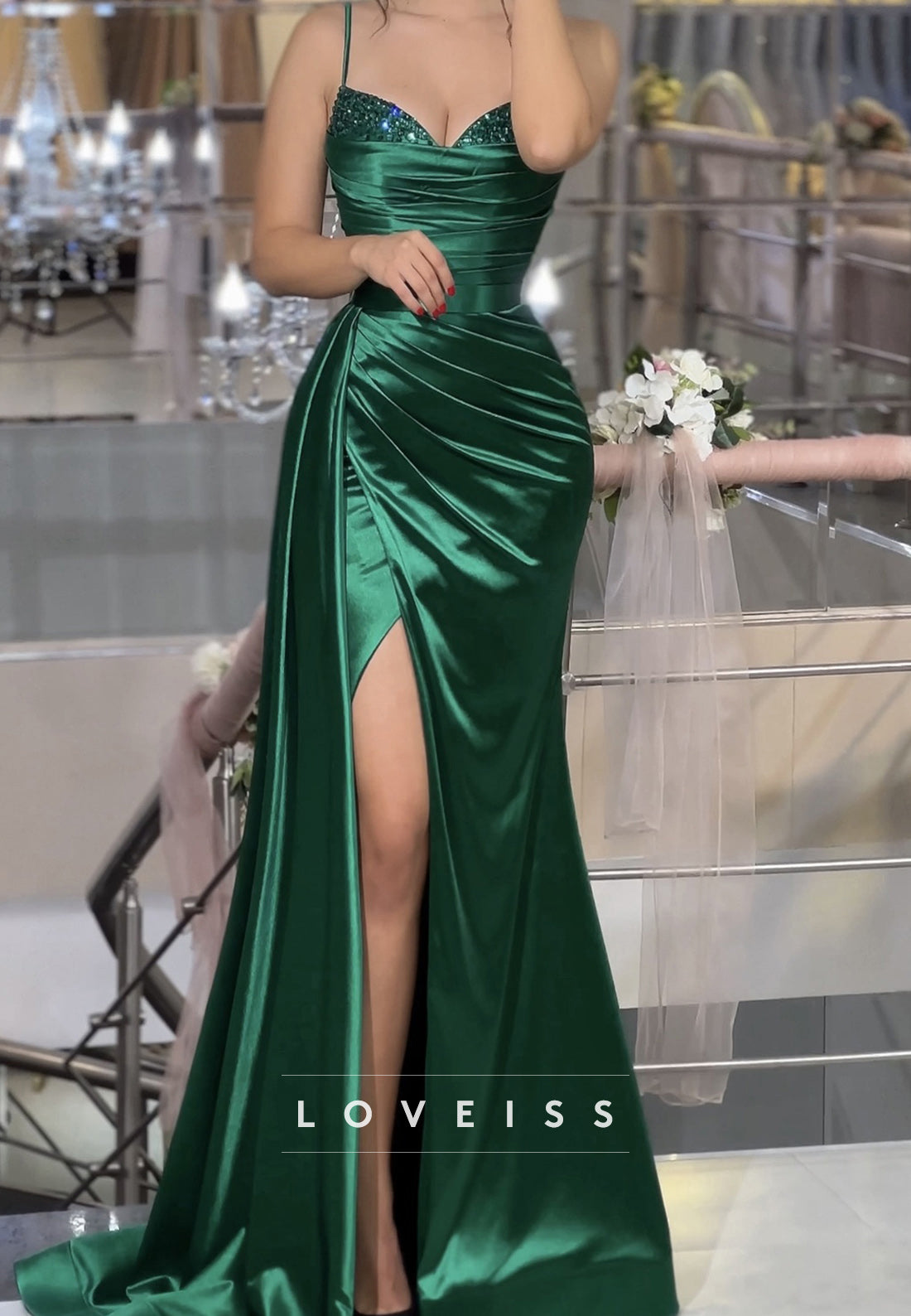 V-Neck Spaghetti Straps Sequins Pleated Side Slit Sheath Prom Dress