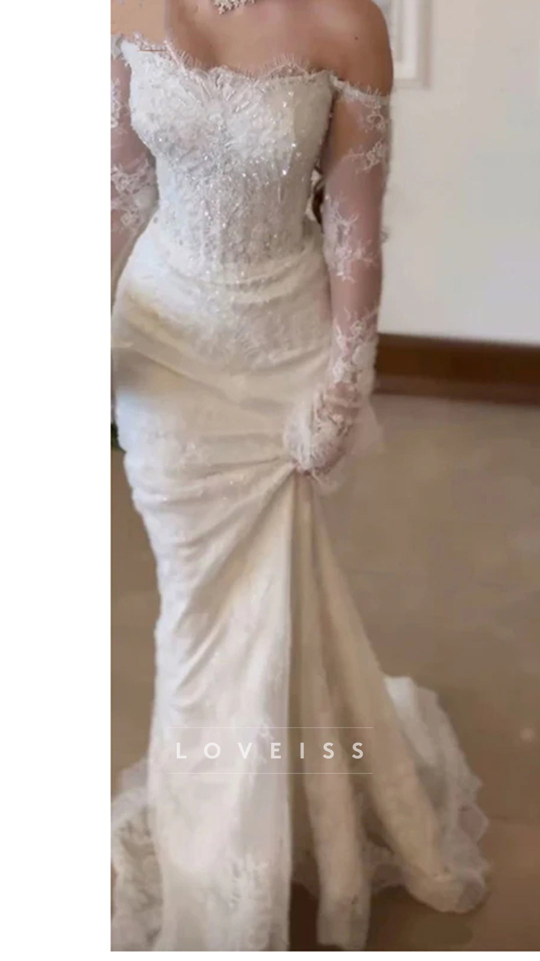 Pretty Off The Shoulder White Tulle Lace Beaded Mermaid Long Wedding Dress