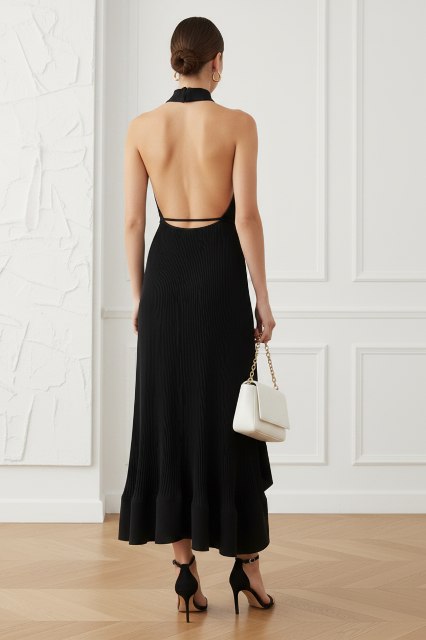 Halter Pleated Midi Dress