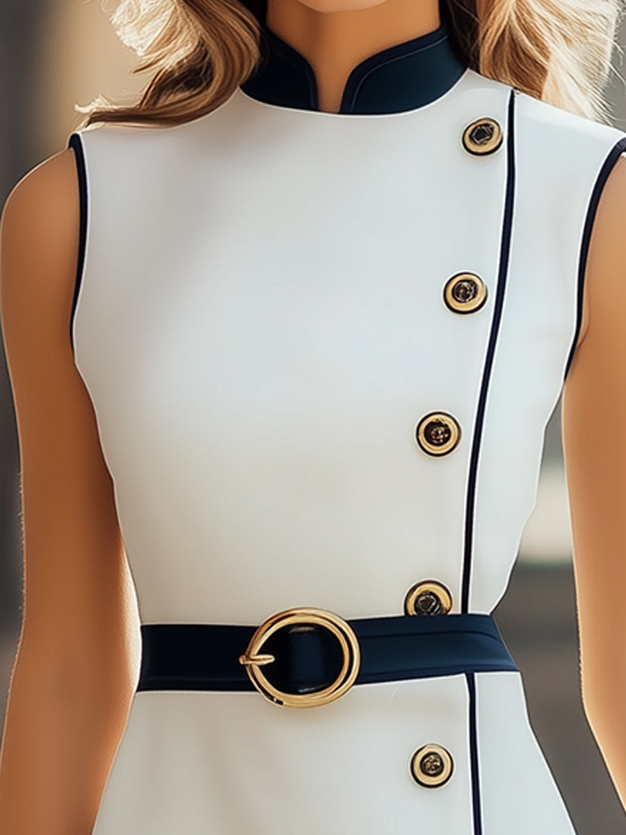 Chic Asymmetrical Button-Detail Mini Dress with Belt