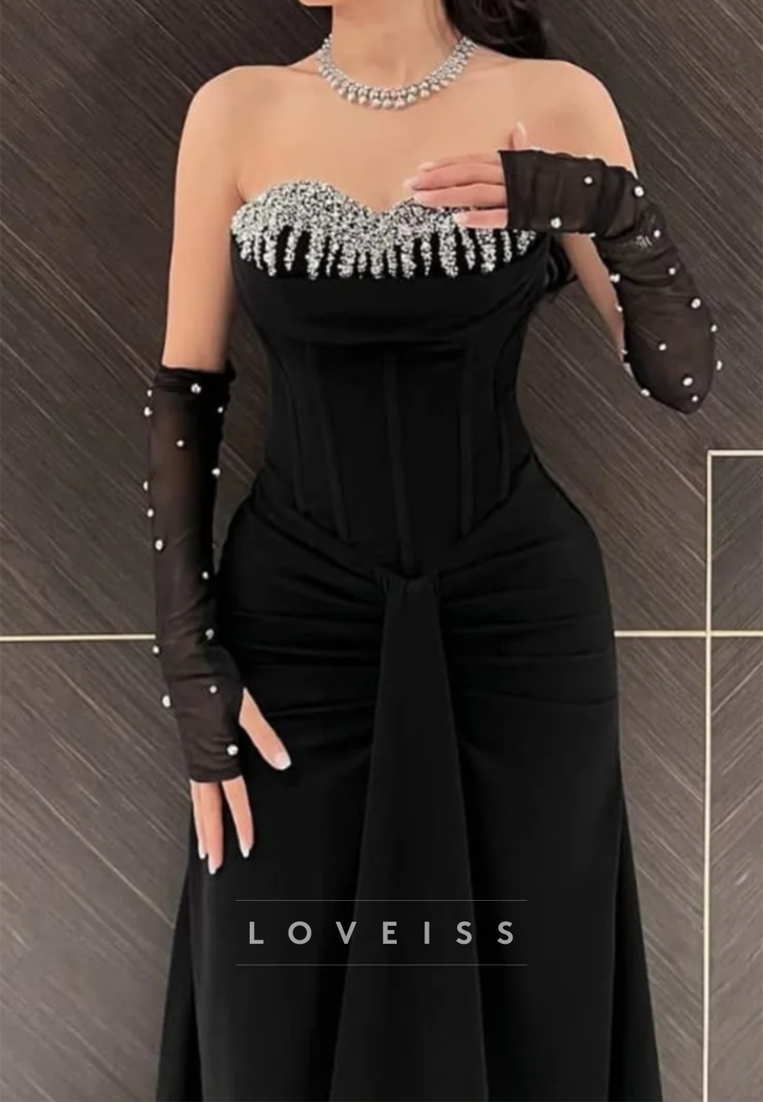 Off-Shoulder Strapless Beaded Pleated Sheath Formal Dress