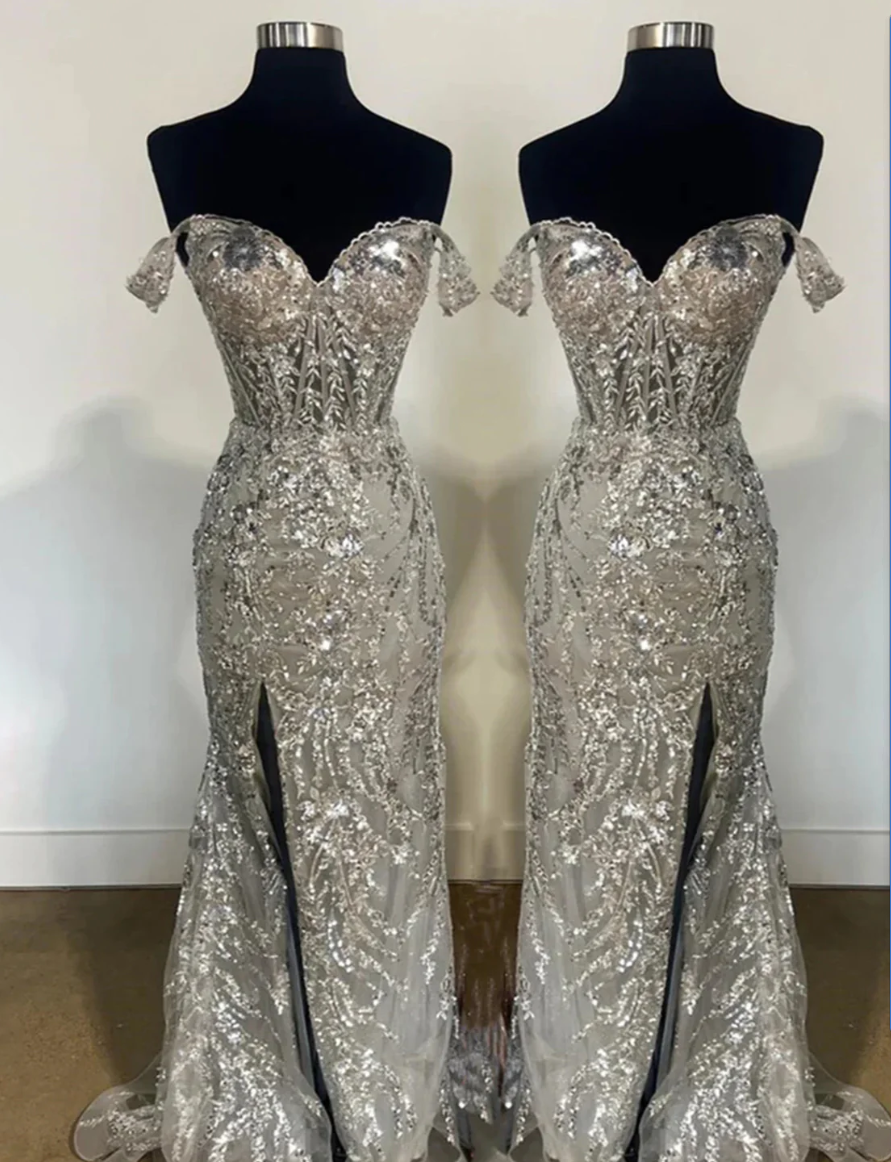 Off-Shoulder Strapless Appliques Sparkly Sheath Prom Dress
