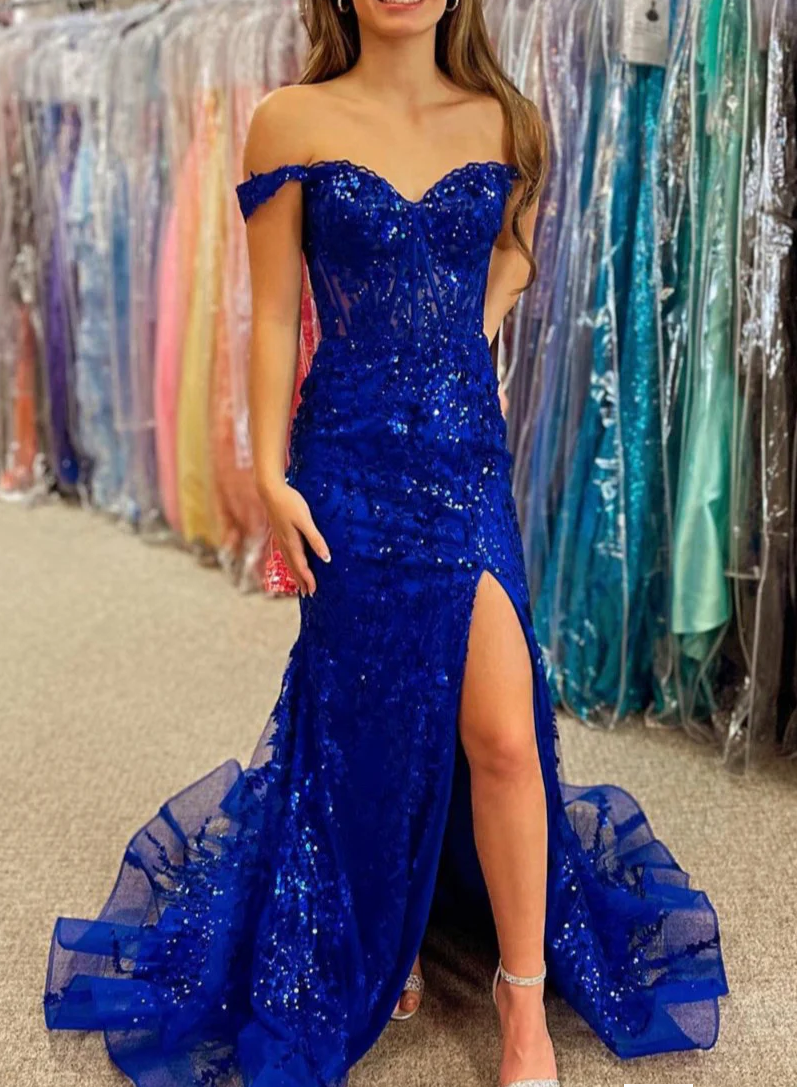 Off-Shoulder Strapless Appliques Sparkly Sheath Prom Dress