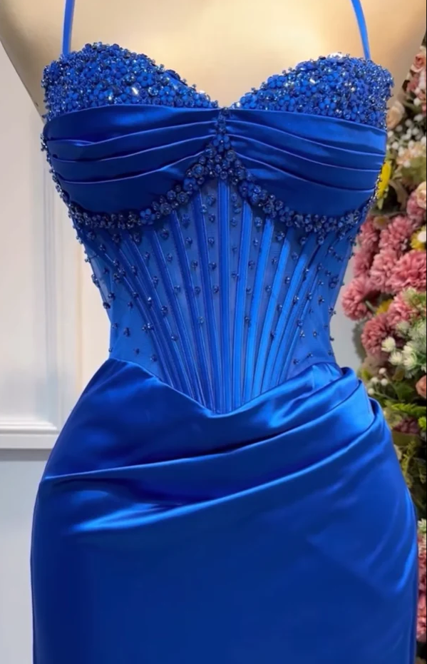 V-Neck Removable Spaghetti Straps Beaded Pleated Sheath Prom Dress