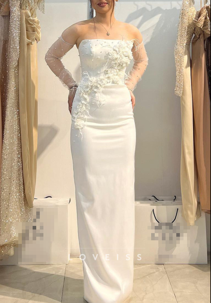 Straight Across Sleeveless Floral Beaded Sheath Wedding Dress