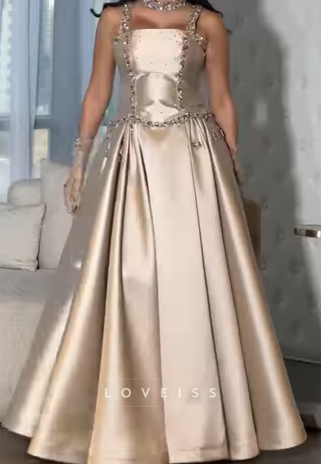Square Straps Beaded Satin A-Line Evening Dress