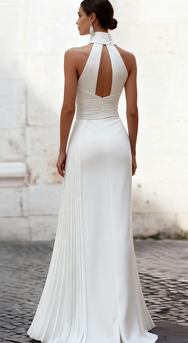 Elegant Satin Pleated Halter-Neck Evening Gown