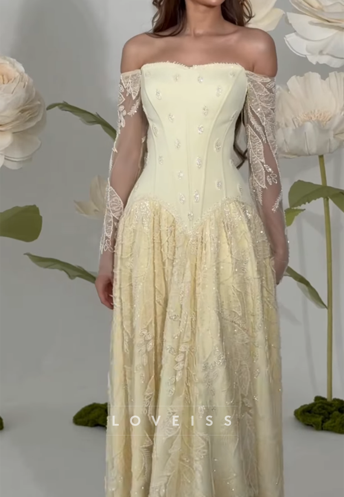 Off-Shoulder Beaded Appliques A-Line Prom Dress