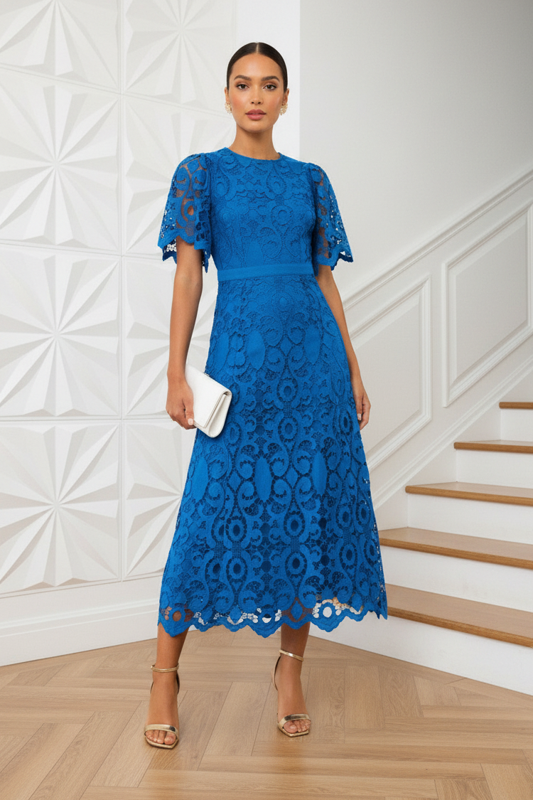 Scoop Short Sleeves Lace A-Line Wedding Guest Dress