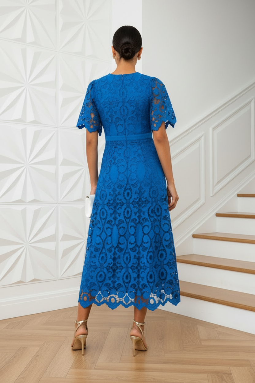 Scoop Short Sleeves Lace A-Line Wedding Guest Dress