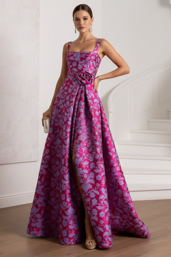 Square Straps Floral Printed A-Line Mother of Bride Dress