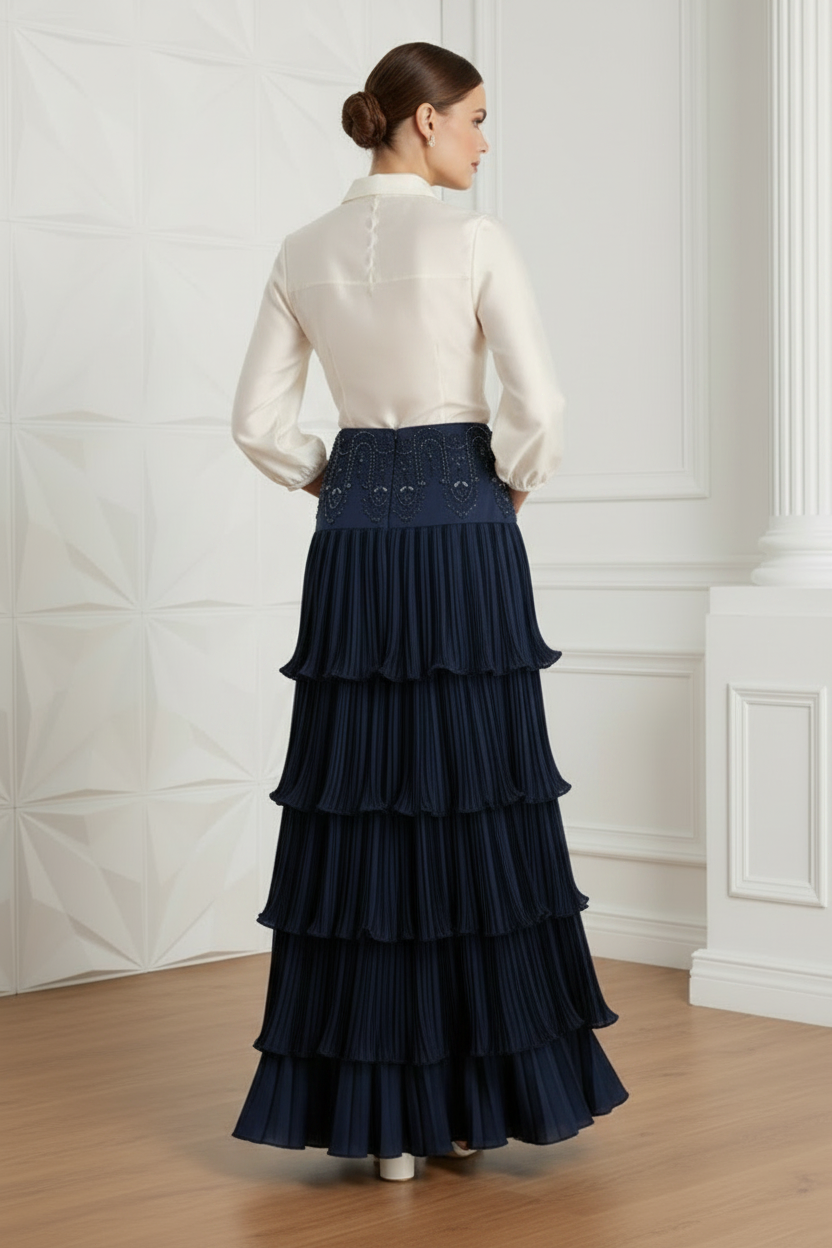 V-Neck Long Sleeves Tiered Evening Dresss