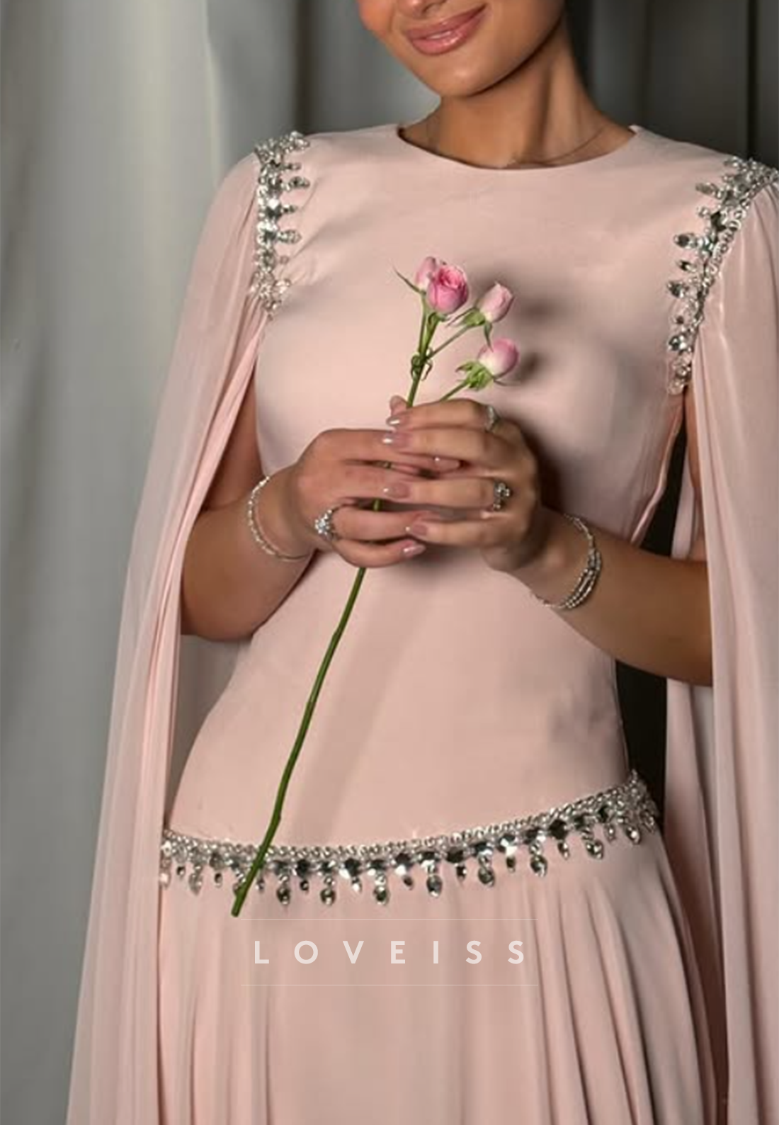 Scoop Pleated Beaded A-Line Long Sleeves Evening Dress