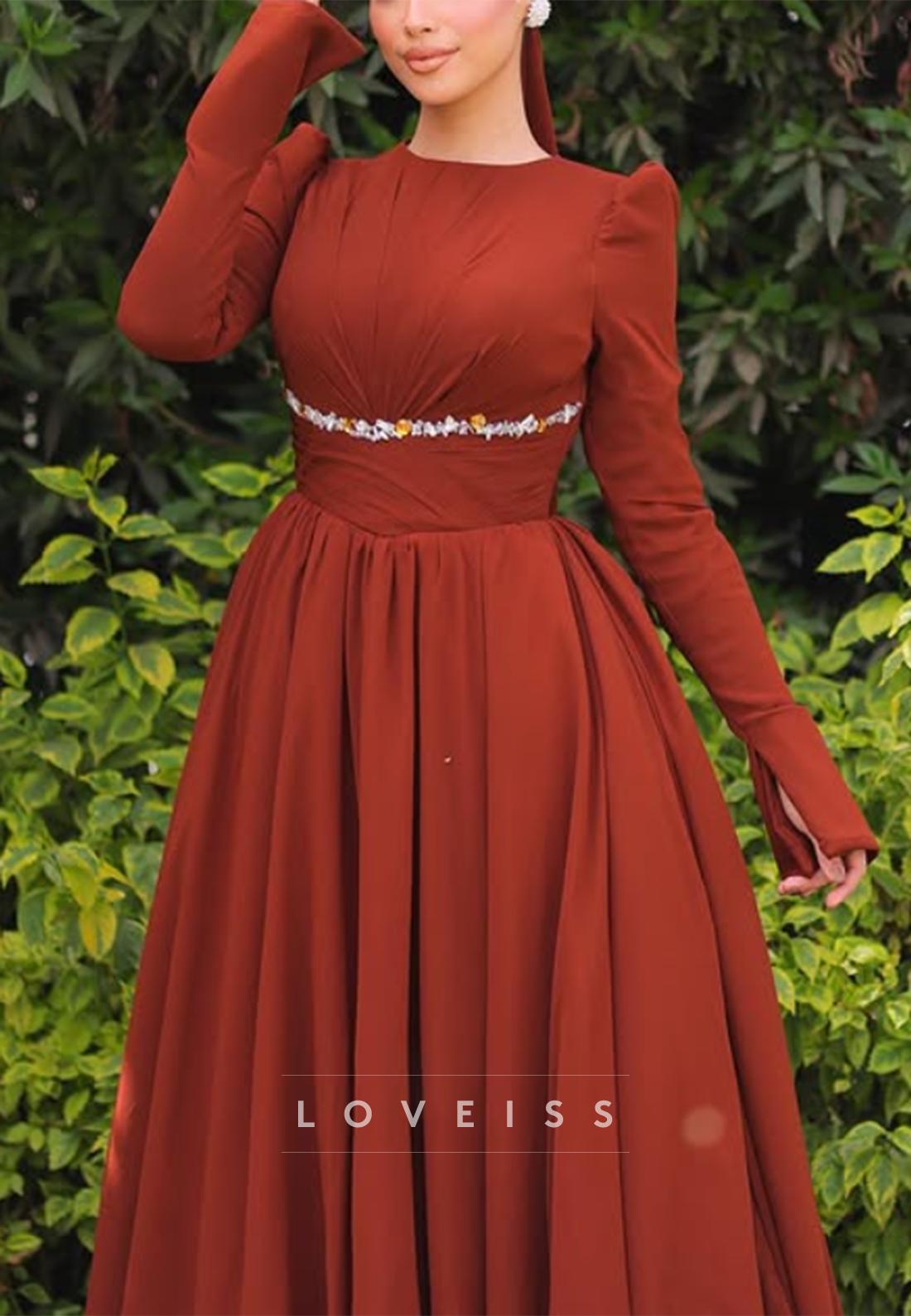 Scoop Long Sleeves Pleated A-Line Evening Dress