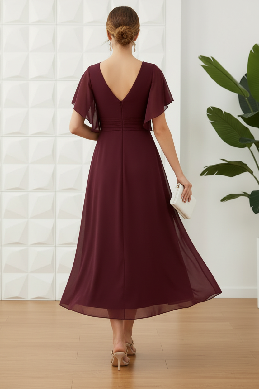 V-Neck Short Sleeves Tea-Length Chiffon Mother Of The Bride Dresses