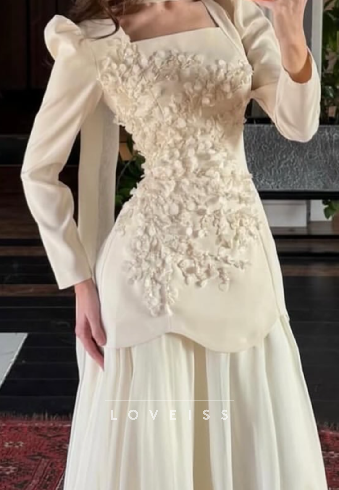 Square Long Sleeves Appliques A-Line Evening Dress