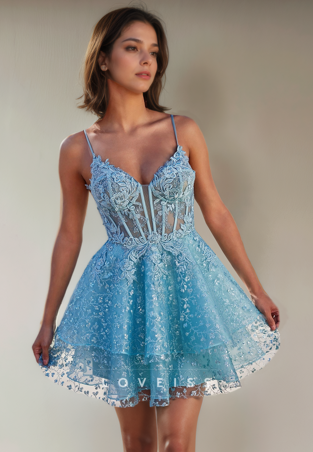 A Line Spaghetti Straps Lace Homecoming Dress Short Prom Party Dress