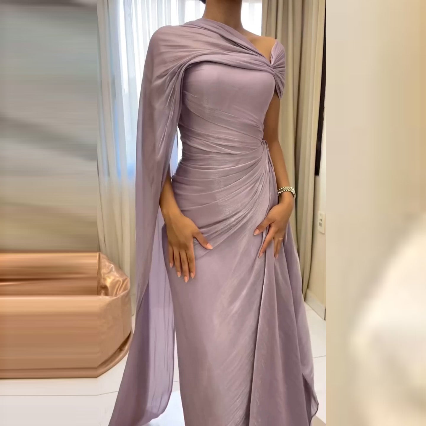 Elegant Lilac Draped Evening Dress with Cape