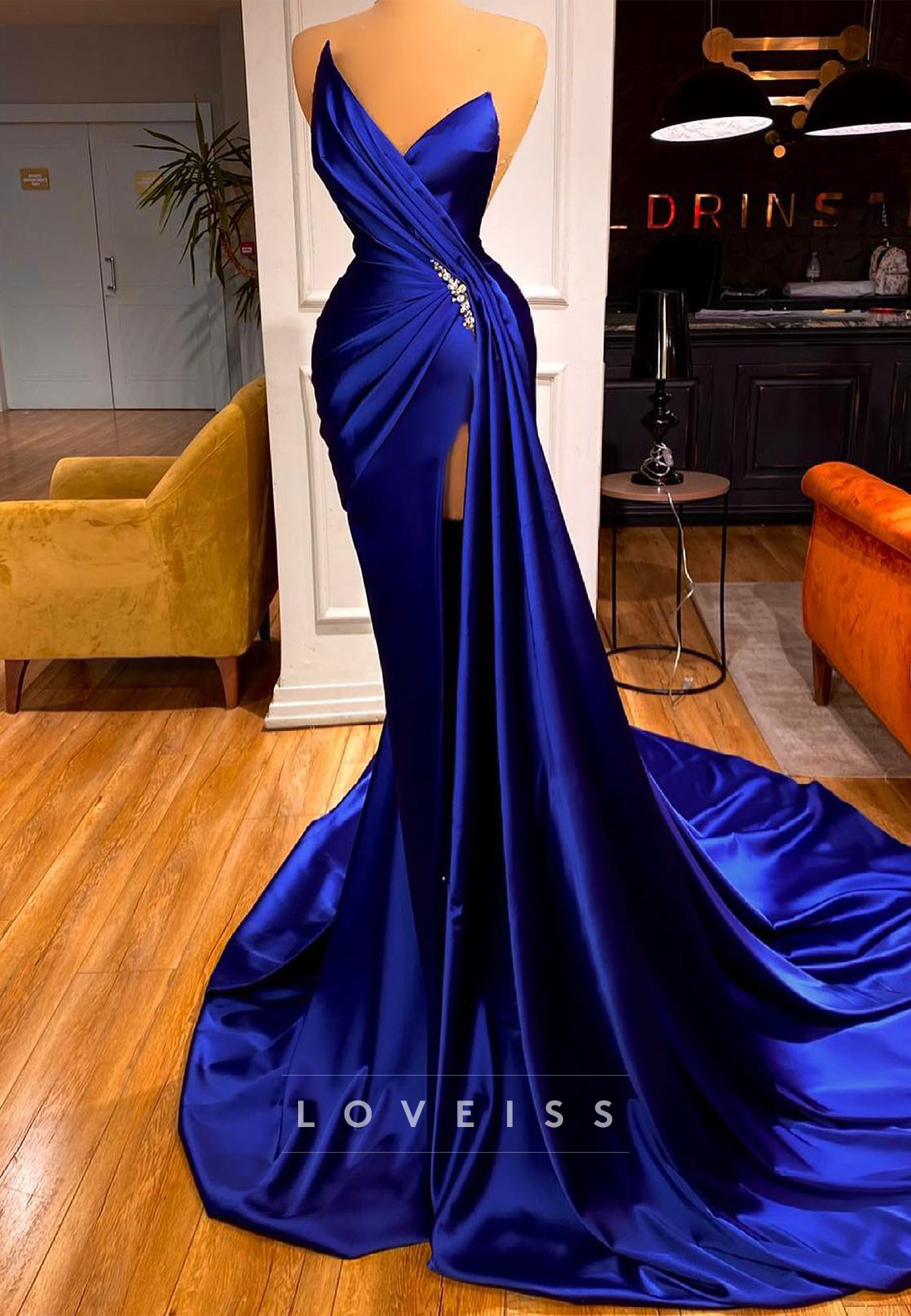 V-Neck Sleeveless High Slit Mermaid Ruched Prom Dress