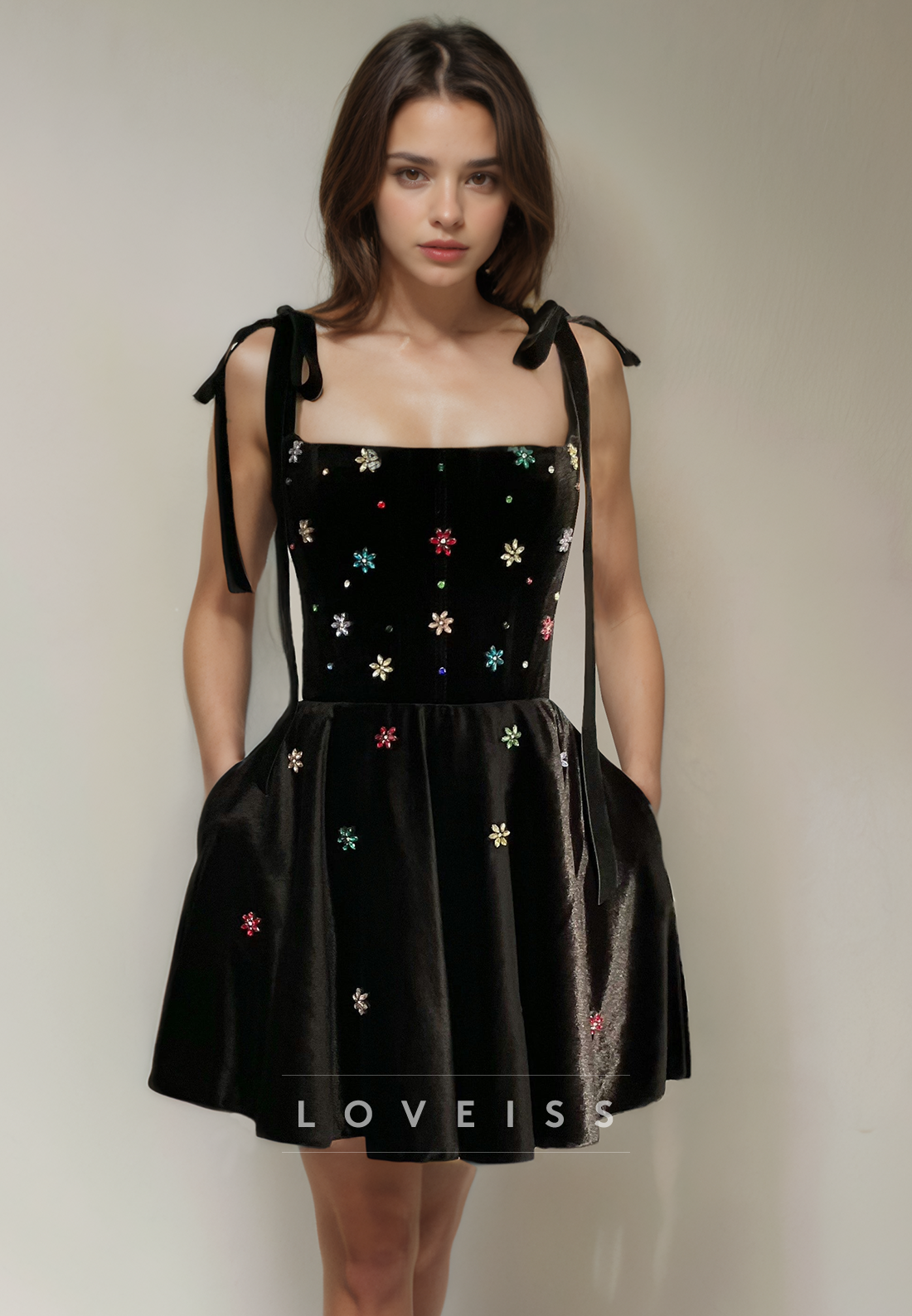 A Line Square Velvet Beads Black Homecoming Dress Short Prom Party Dress