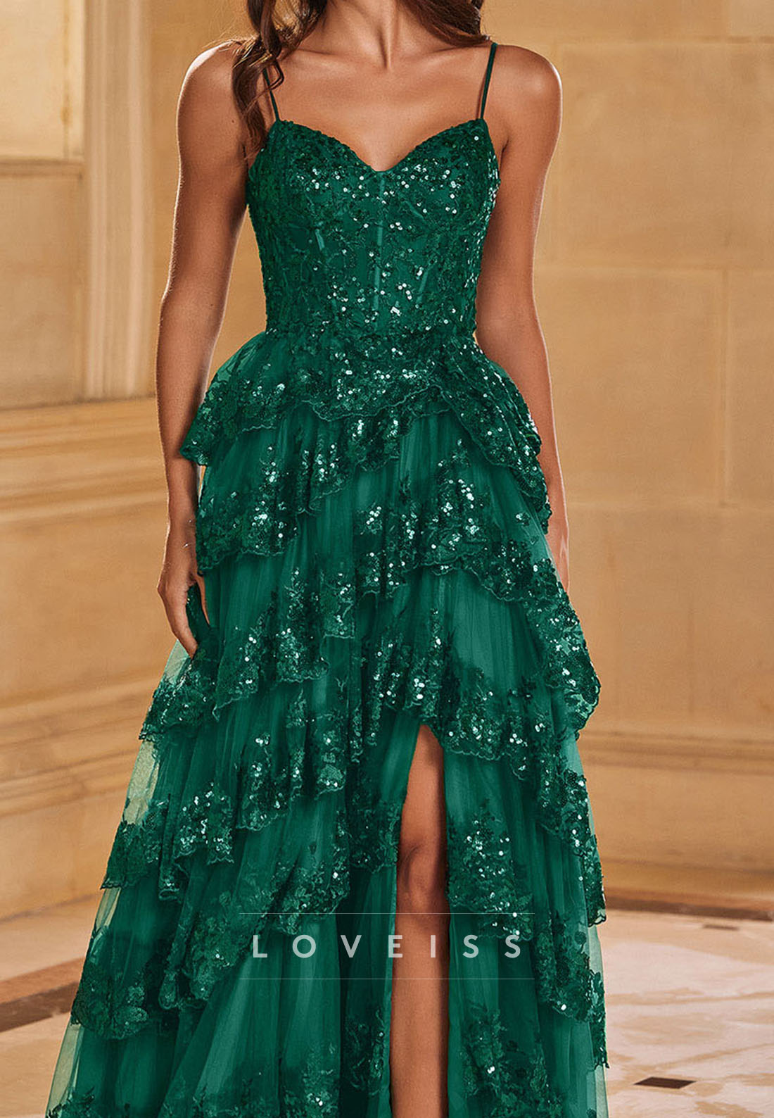 Sweetheart Spaghetti Straps Appliques Tiered Sparkly A-Line Prom Dress