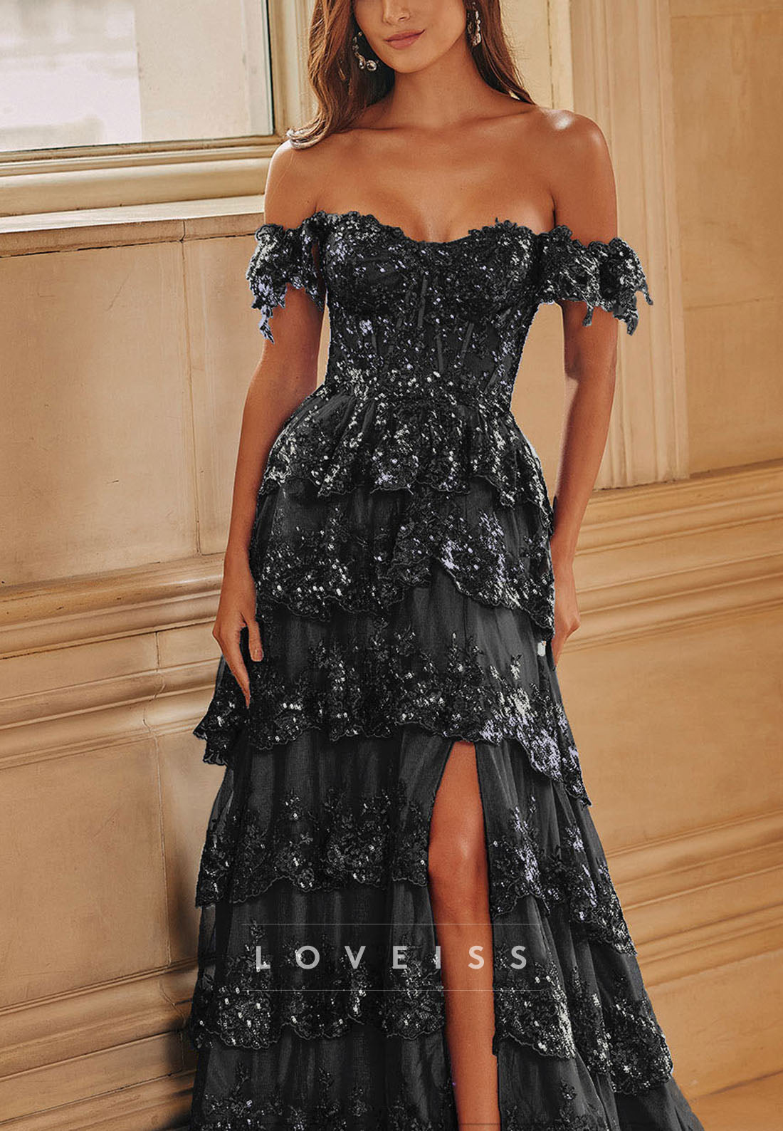 Off-Shoulder Strapless Appliques Tiered A-Line Sparkly Prom Dress
