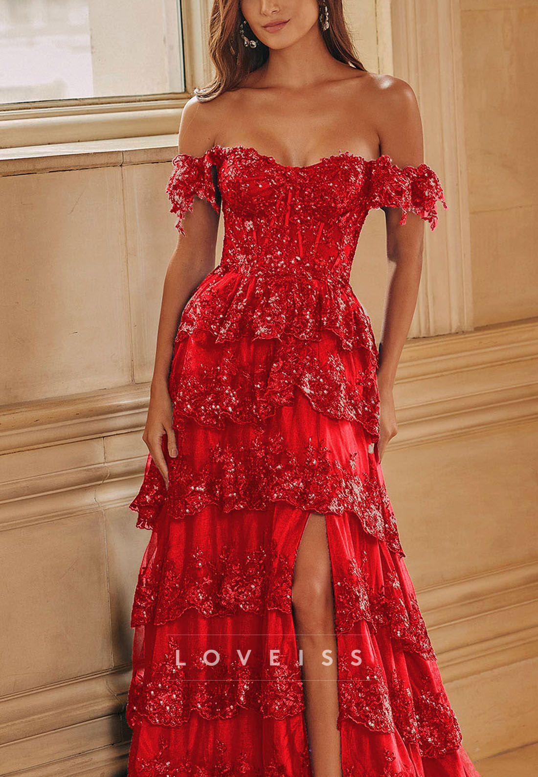 Off-Shoulder Strapless Appliques Tiered A-Line Sparkly Prom Dress