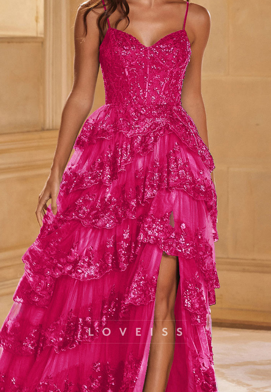 Sweetheart Spaghetti Straps Appliques Tiered Sparkly A-Line Prom Dress