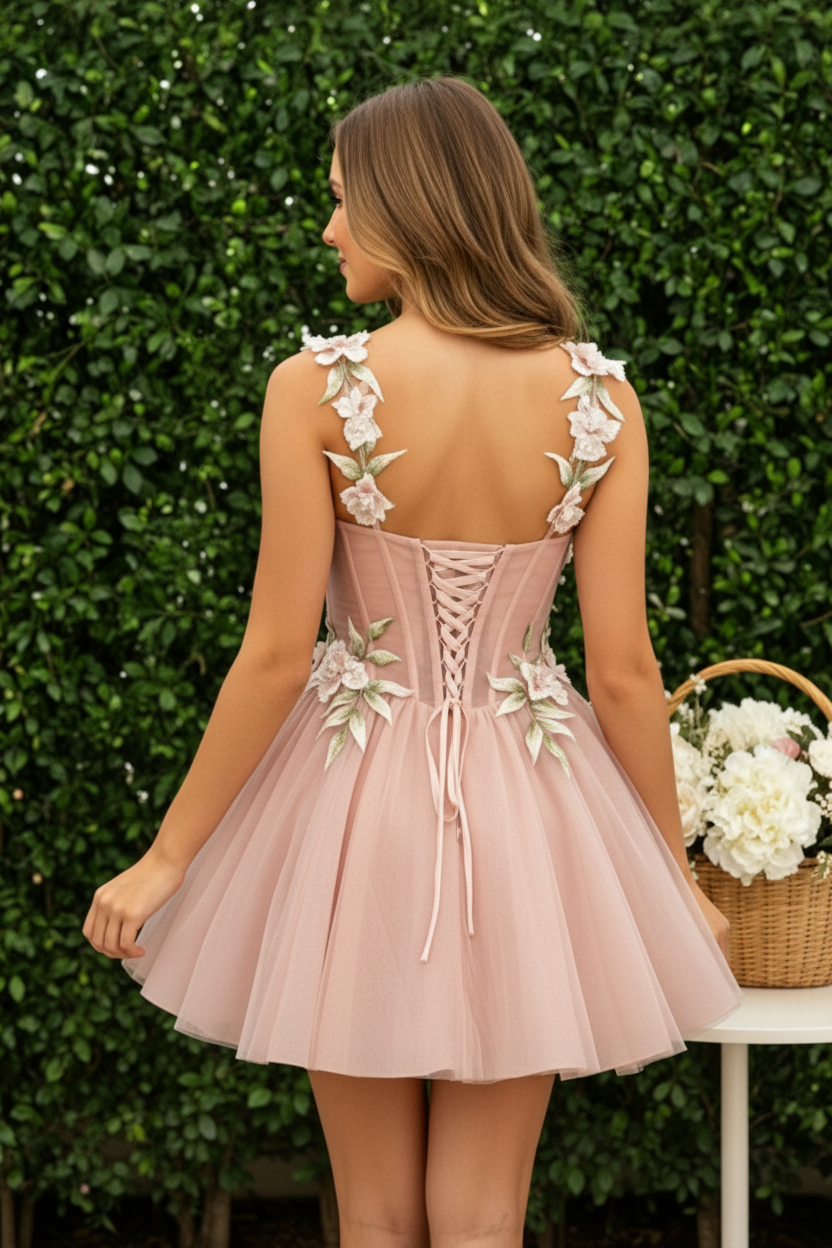 3D Floral Corset Tulle A-Line Homecoming Dress