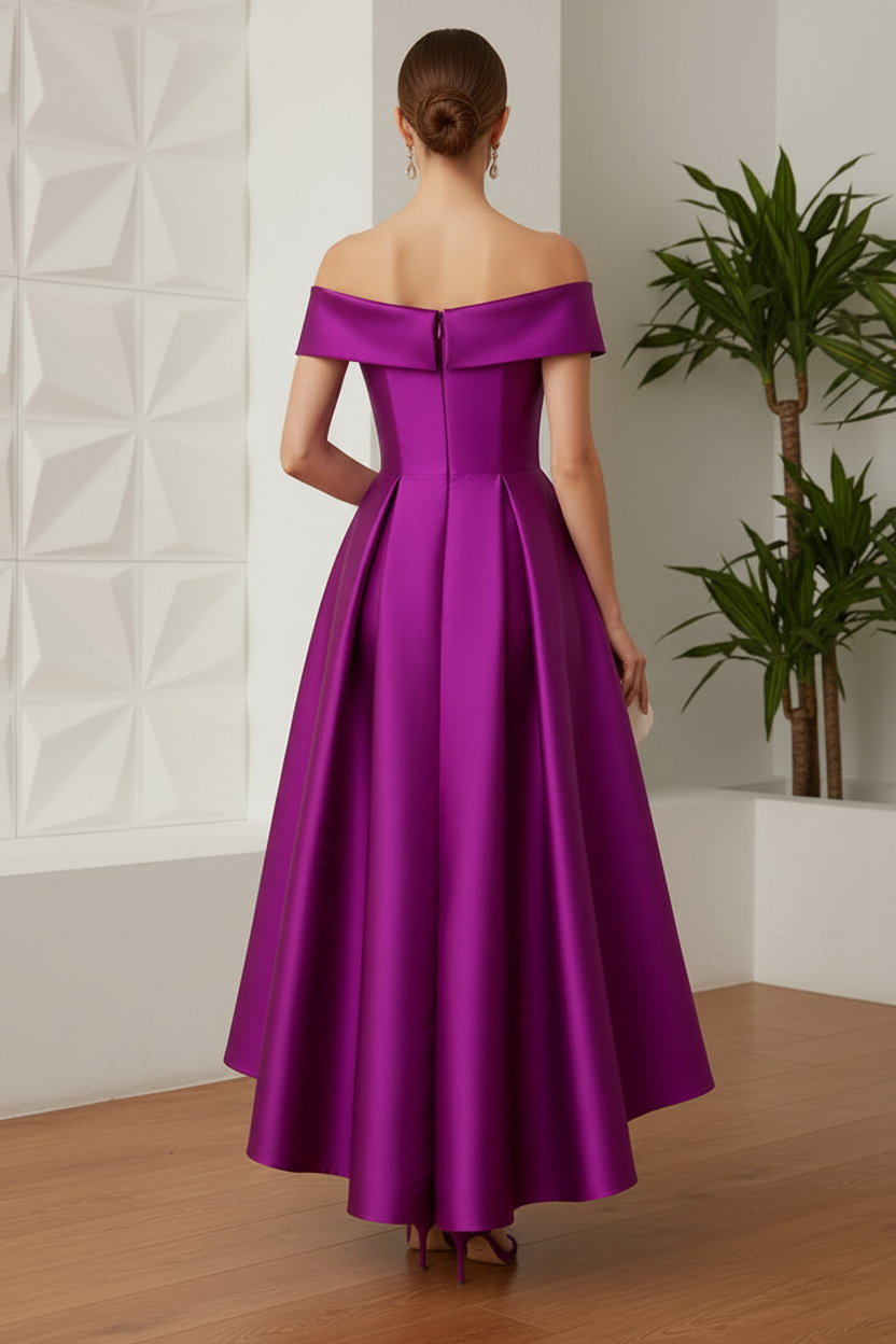 A-Line Off-The-Shoulder Sleeveless Tea-Length Satin Mother Of The Bride Dresses