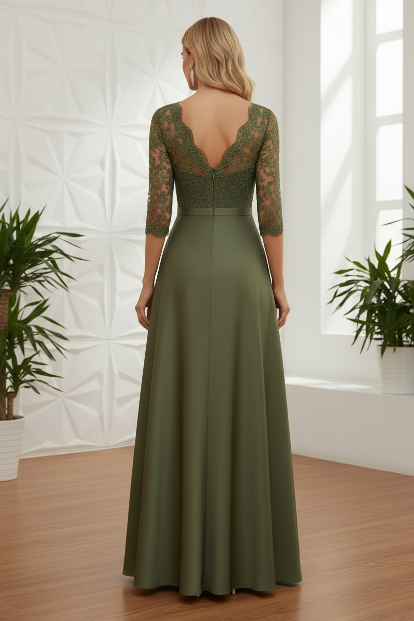 3/4 Sleeves A-Line V-Neck Sweep Train Satin Mother Of The Bride Dresses