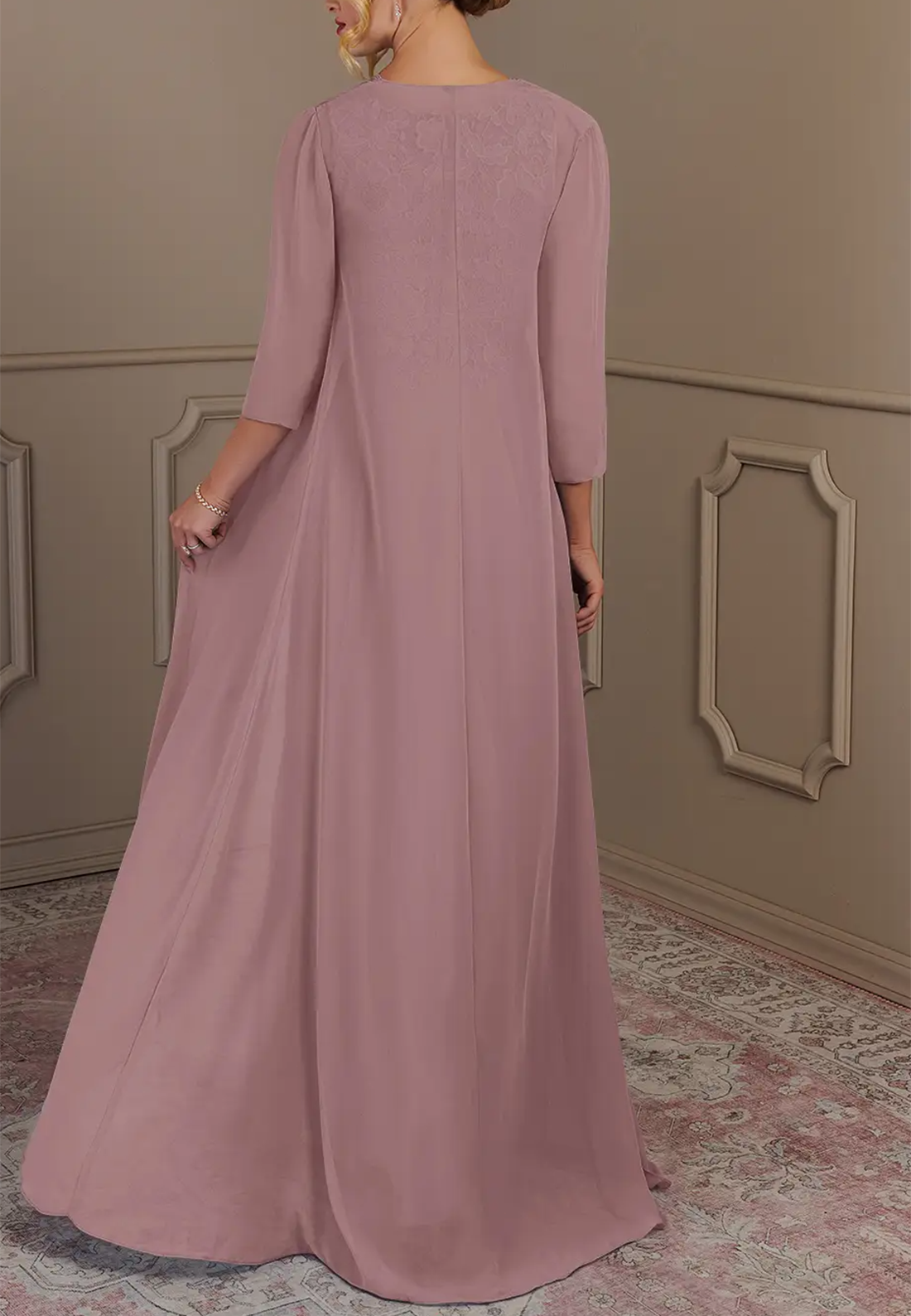 Scoop Half Sleeves Chiffon Appliques Long Mother of Bride Dress